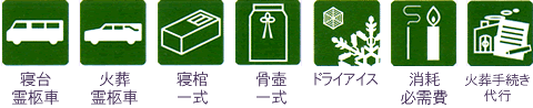 祭壇・寝台霊柩車・火葬霊柩車・寝棺一式・骨壺一式・ドライアイス・消耗必需品・火葬手続き代行・火葬場給仕係